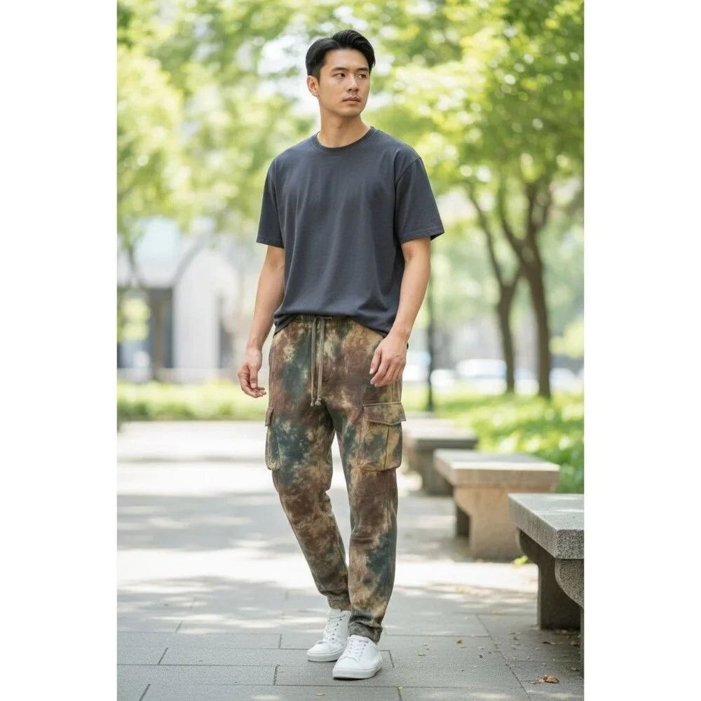 MNML Brown & Green Camo Cargo Pants L Relaxed Fit Straight Leg 100% Cotton Made